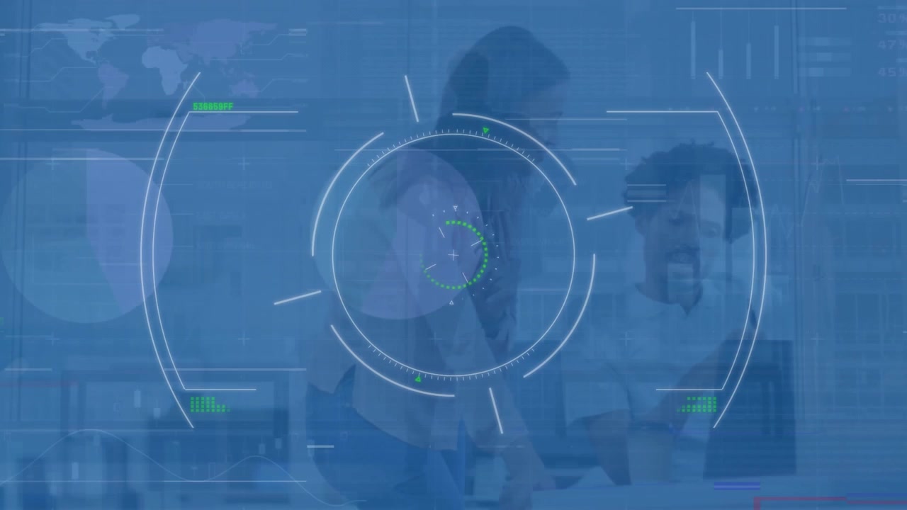 Financial data and graphs are animated over diverse coworkers in an office