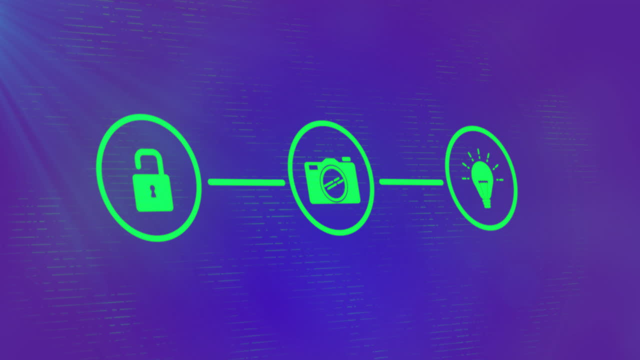 animación de la red de conexiones con íconos sobre senderos de luz en fondo púrpura