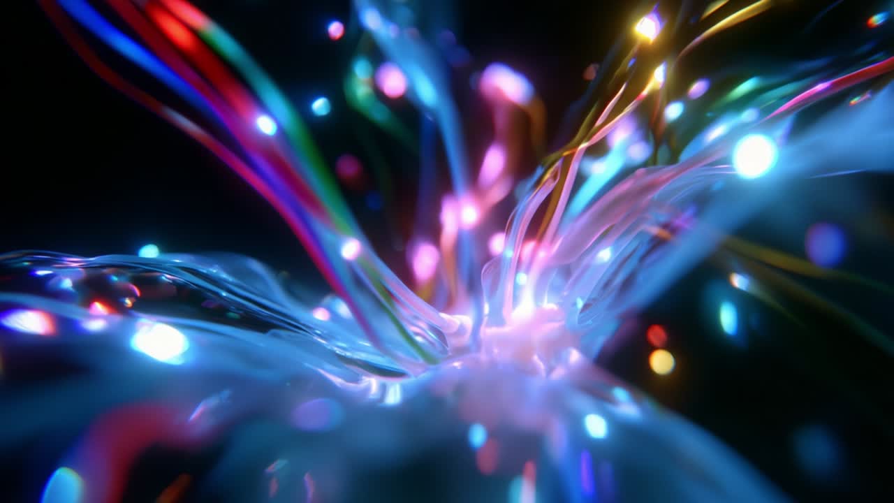 A mesmerizing display of vibrant colors and dynamic lights, this captivating visual showcases the flowing movement of luminous strands, creating an enchanting atmosphere filled with energy and depth