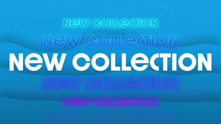 Animazione del testo "nuova collezione" in ripetizione su sfondo blu.