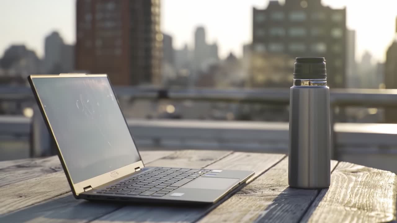 A tranquil workspace scene showing a laptop and a stainless steel thermos on a wooden table with a cityscape backdrop during golden hour, emphasizing productivity and comfort