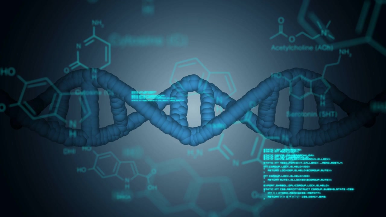 Cyan code appearing, blue DNA helix rotating and knotting then relaxing, visualizing data flow