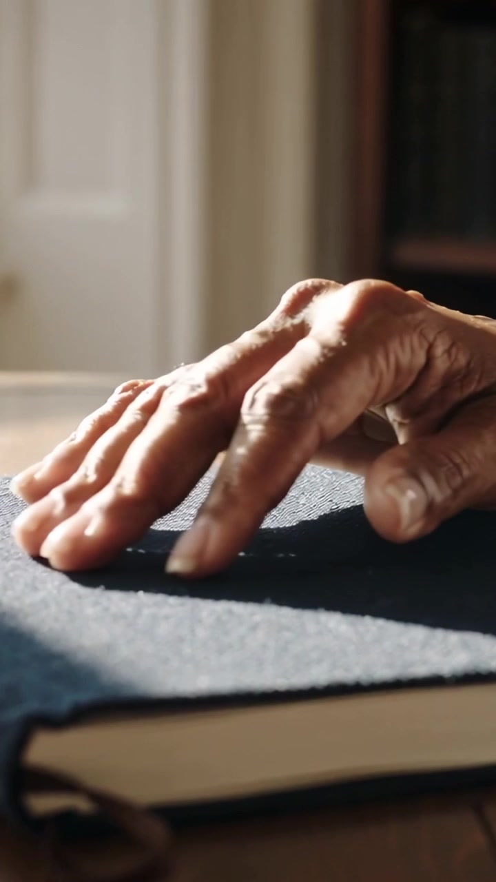 Vertical video: Approaching from right senior hand smoothing fabric notebook on table, ring visible