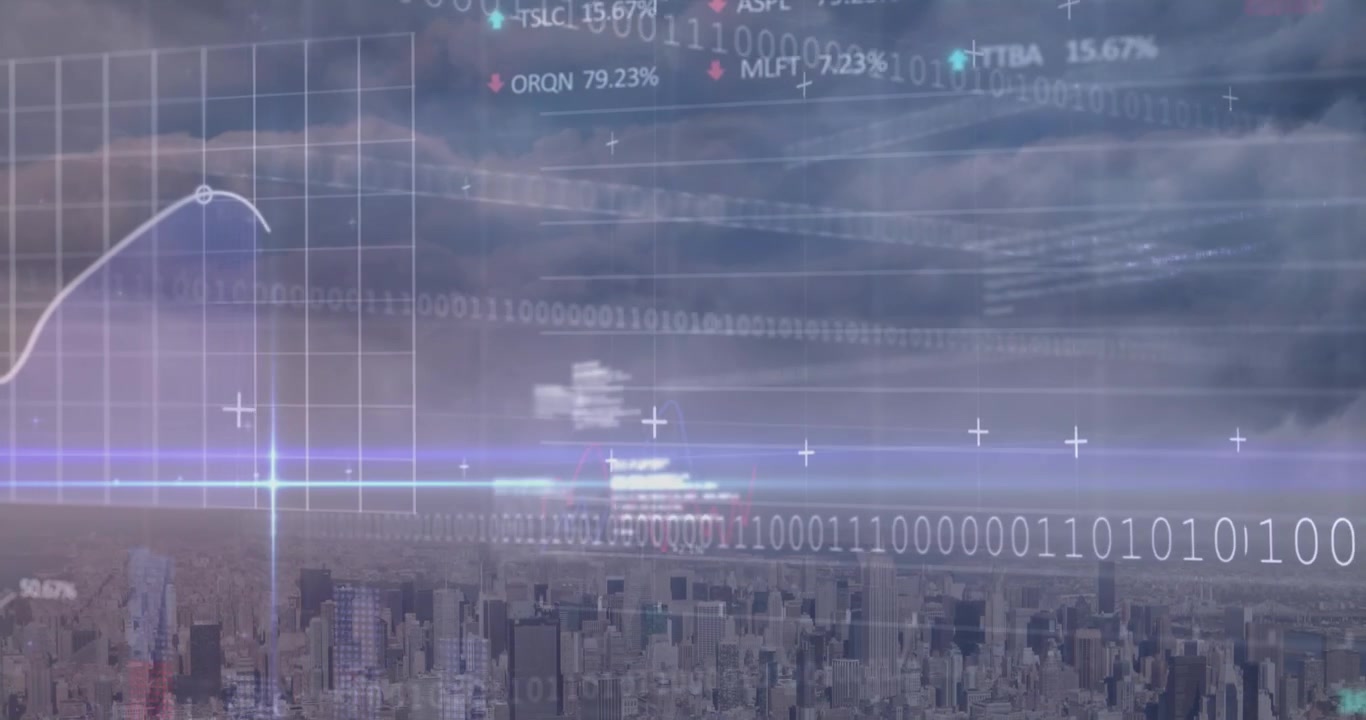 Dati finanziari digitali che si sovrappongono a uno skyline cittadino