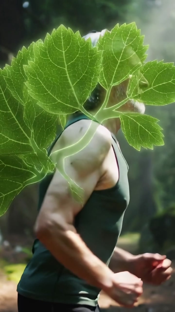 Vertical video: Jogging senior in green tank in woods, leaf graphic starting tiny, growing on back