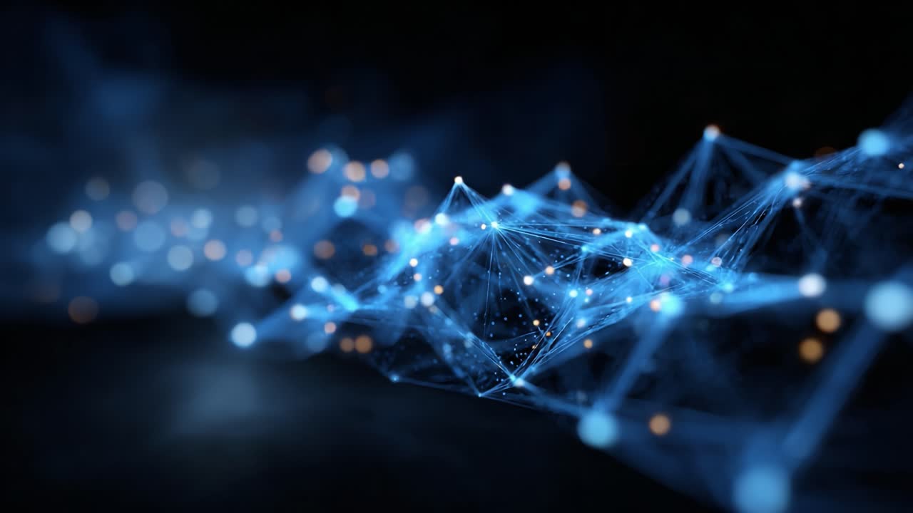 Captivating visualization of interconnected nodes and glowing elements within a dynamic digital network, showcasing the beauty of technology and data flow