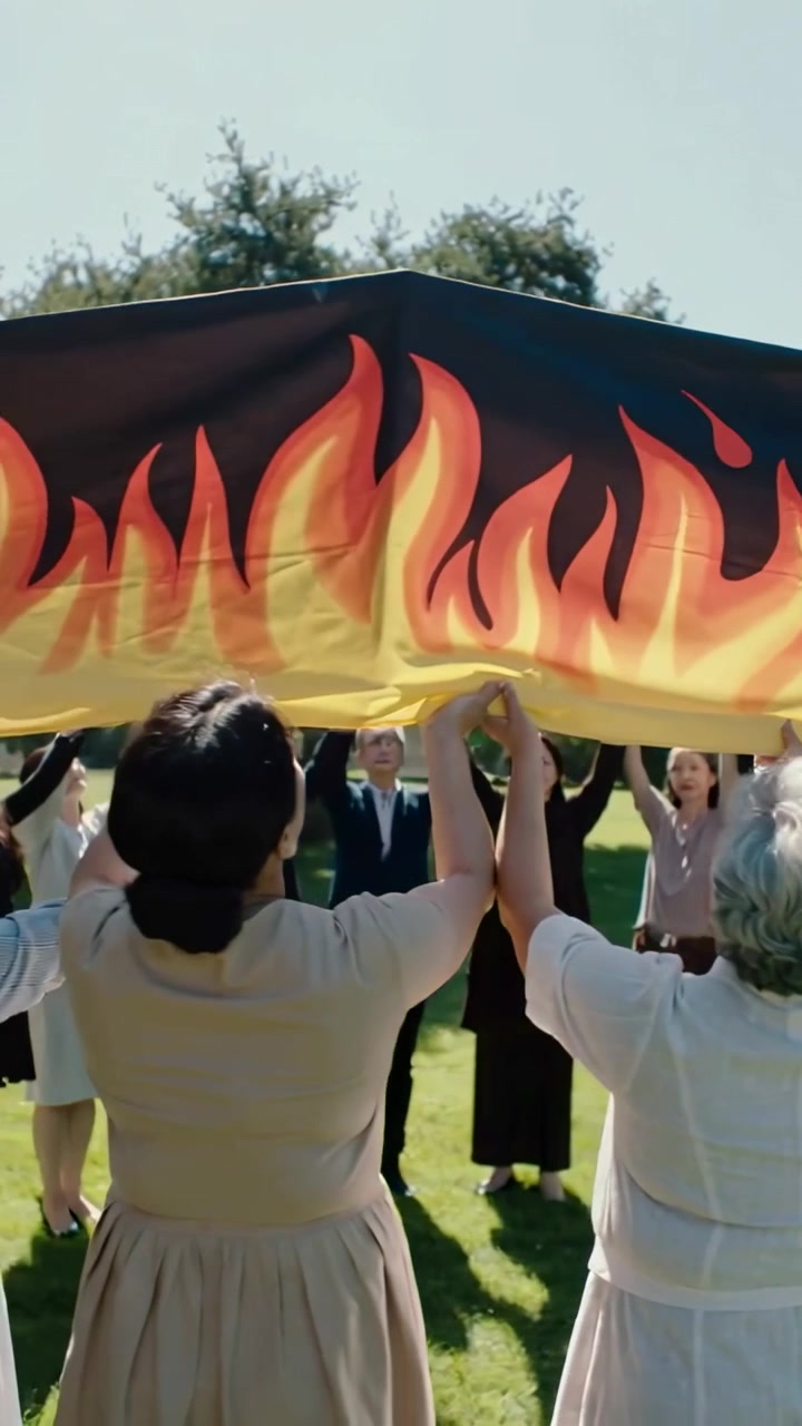 Video verticale: Squadra che solleva un pannello a forma di fiamma, formando un tetto nel parco, a un cenno di una donna anziana in abito bianco.