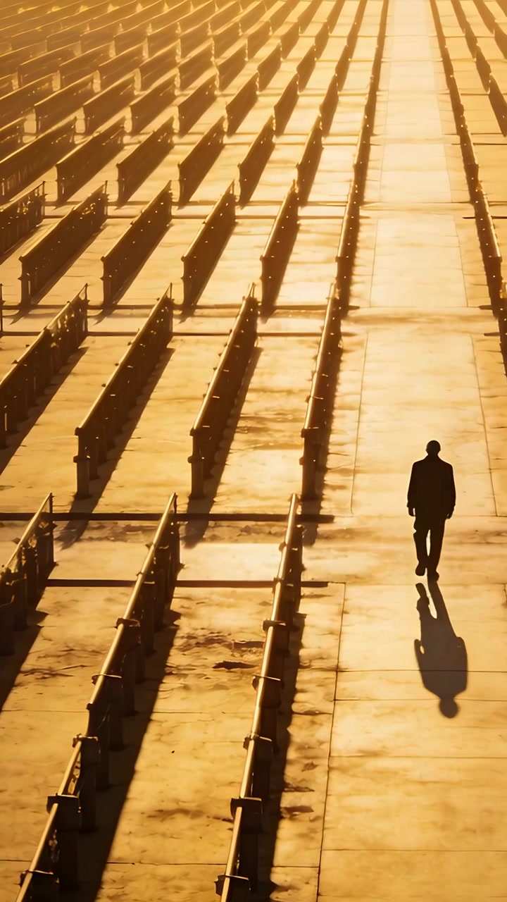 Vertical video: Appearing upper-right suited figure walking down pier between rails, copy space