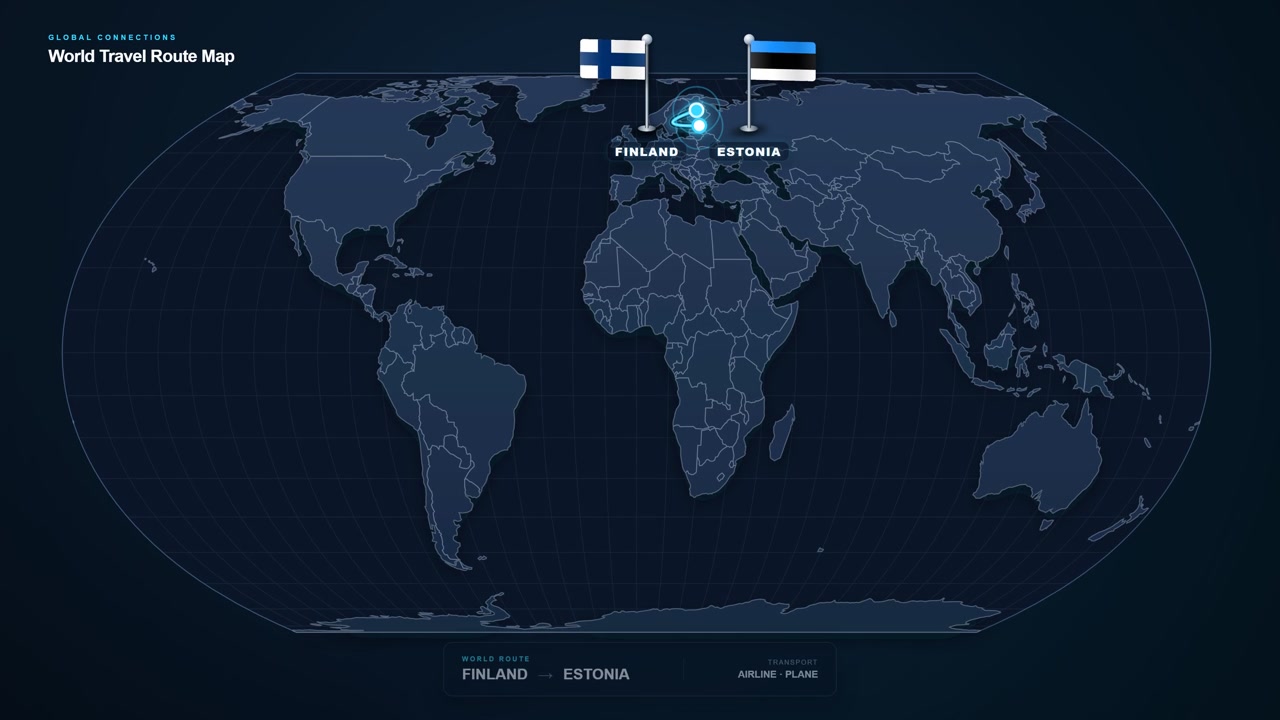 Filmato di mappa del mondo digitale che mostra un percorso di viaggio internazionale dalla Finlandia all'Estonia con località evidenziate e un percorso di volo di collegamento