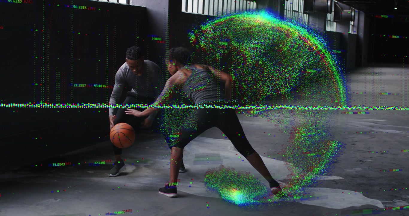 Male player entering dribbling crossover, training, guard mirroring and cutting, basketball glitch
