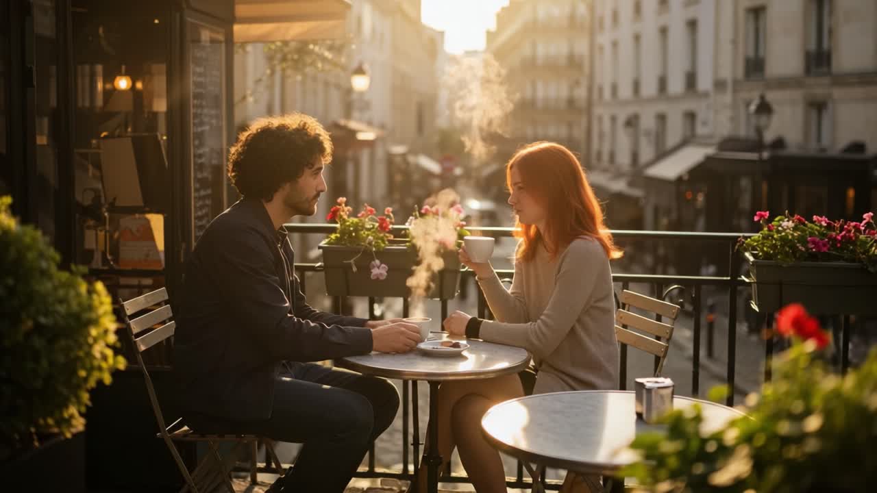 Couple enjoying coffee on a romantic cafe balcony at golden hour