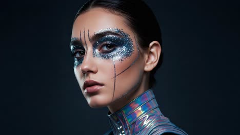 a stunning portrait of a model with intricate glitter makeup and a futuristic outfit, capturing an artistic fusion of beauty and high fashion in a bold representation