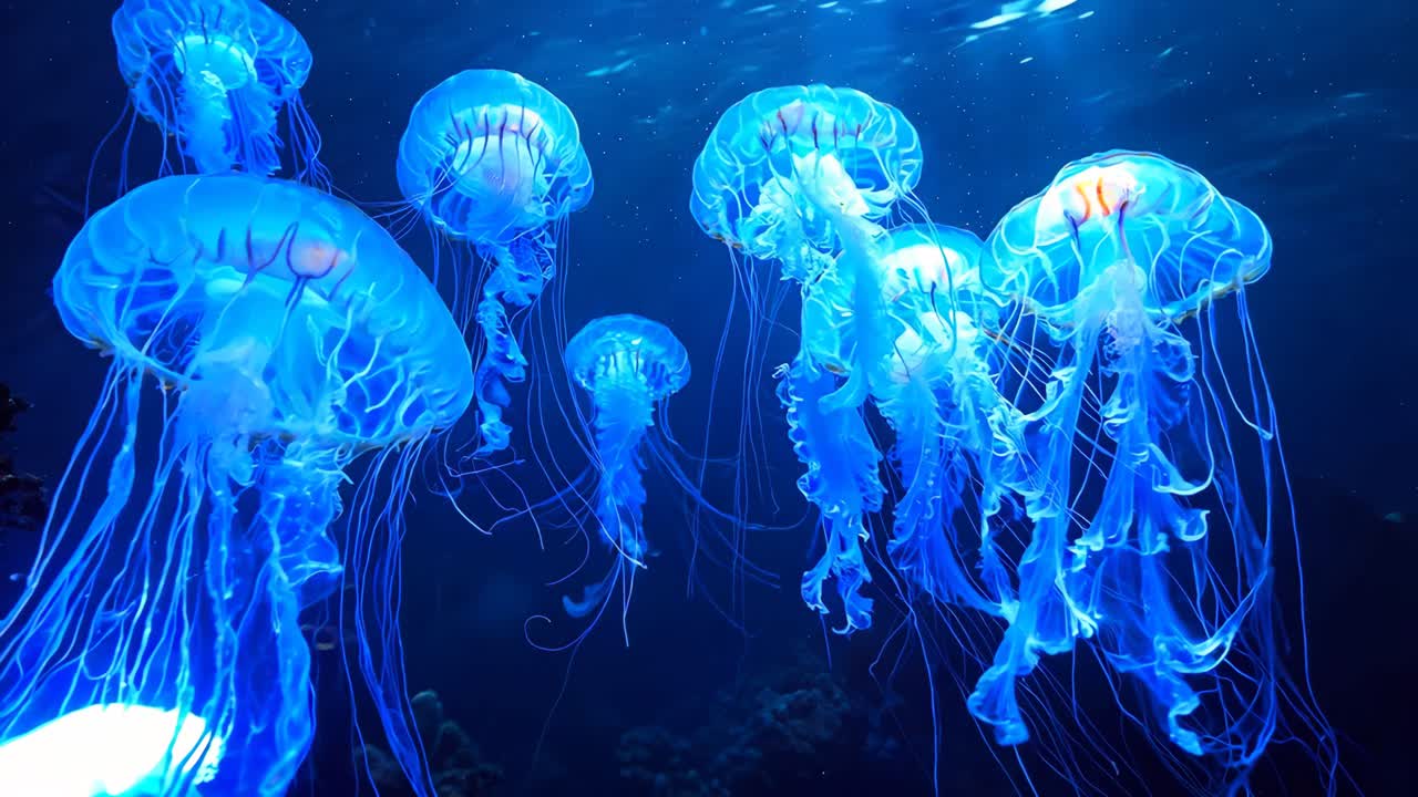 A group of jellyfish are floating in the ocean. The jellyfish are blue and orange