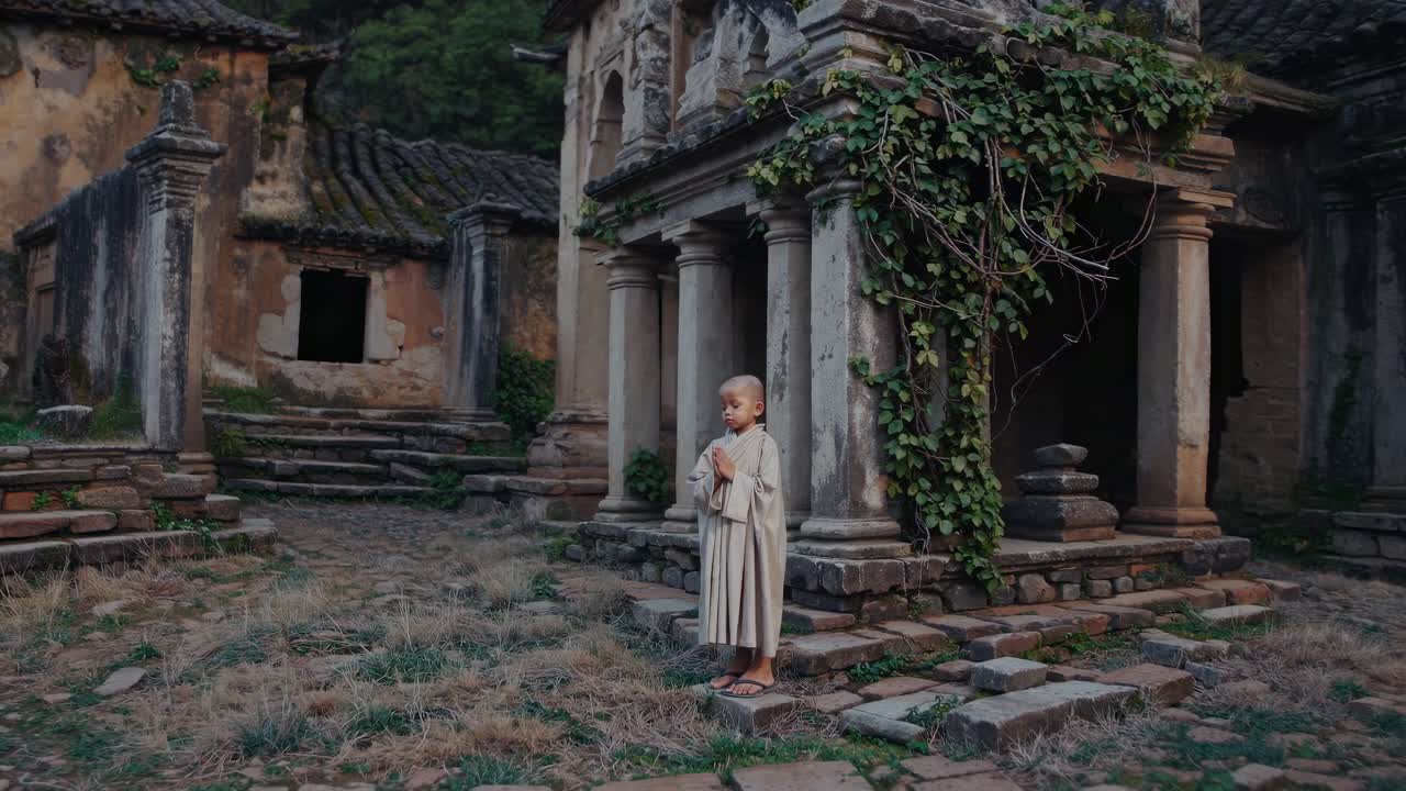 Young Asian boy in traditional attire stands in an ancient, overgrown courtyard, holding a circular object, reflecting on the serene surroundings and evoking a sense of tranquility and contemplation