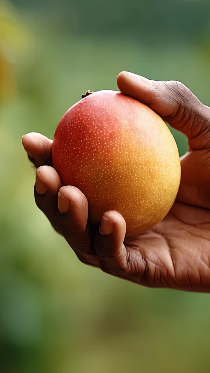 Primo piano di una mano che tiene un mango fresco, che mostra i suoi colori vivaci e la superficie strutturata su uno sfondo verde chiaro in luce naturale