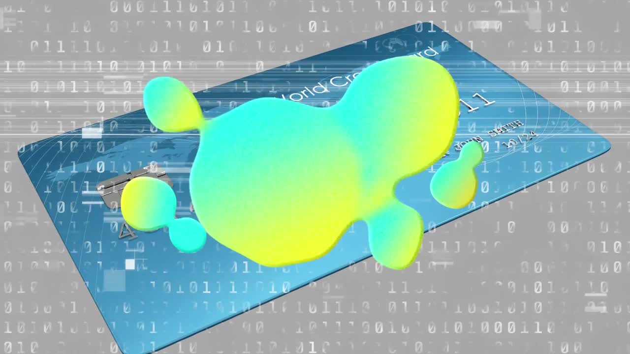 Animation of colorful stains and binary code over bank card