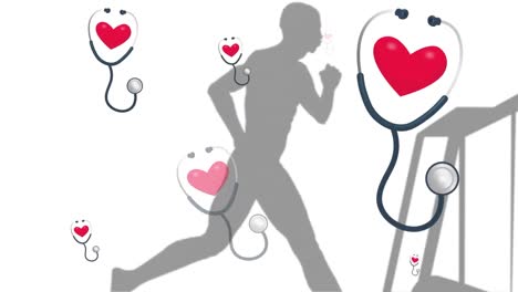 multiple red heart and stethoscope icons against silhouette of a man running on treadmill