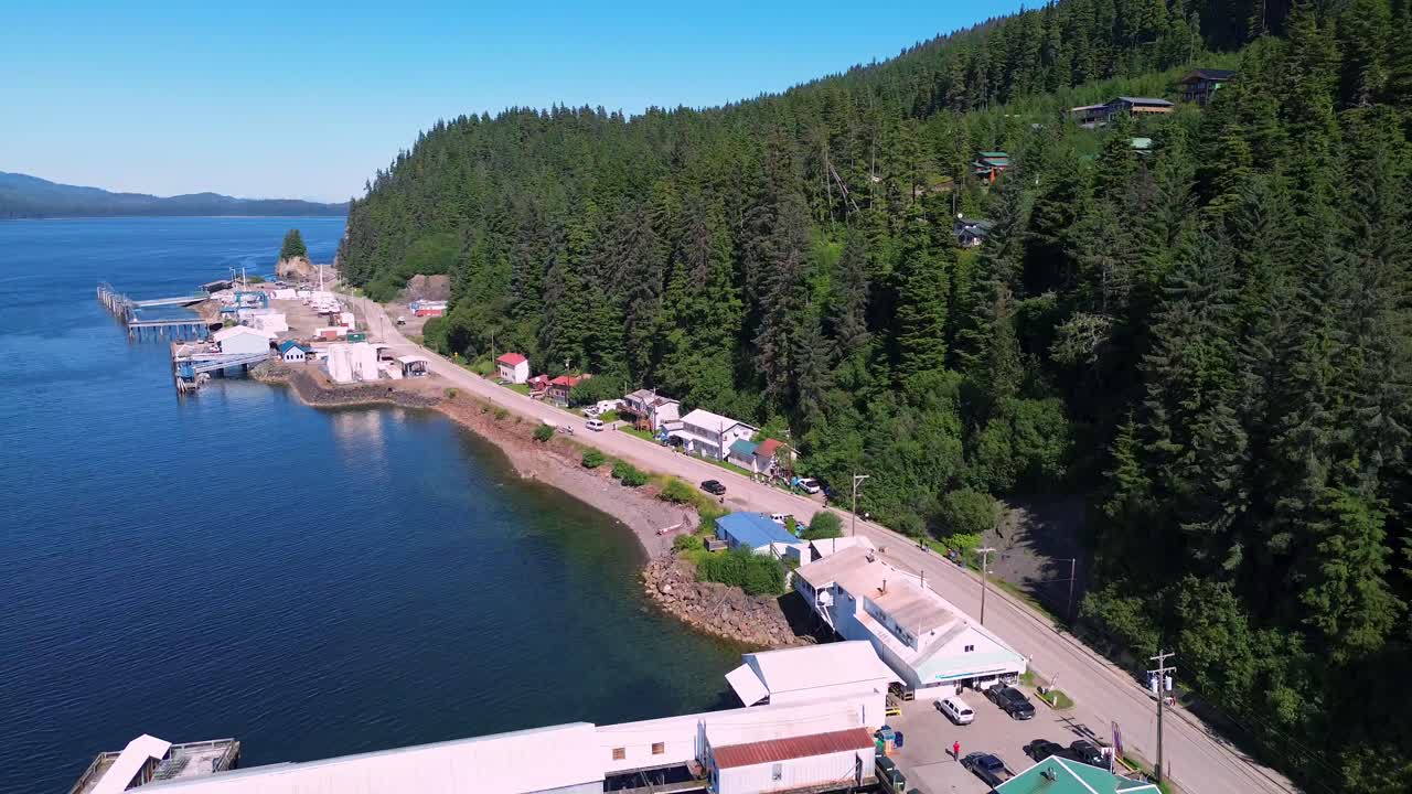 aerial tilt down to fishing village of hoonah alaska