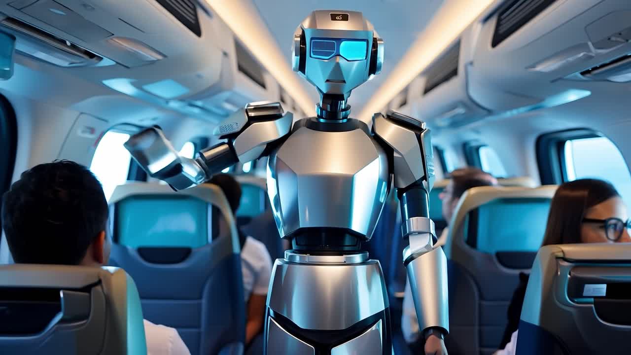 un robot plateado de pie en un tren con pasajeros