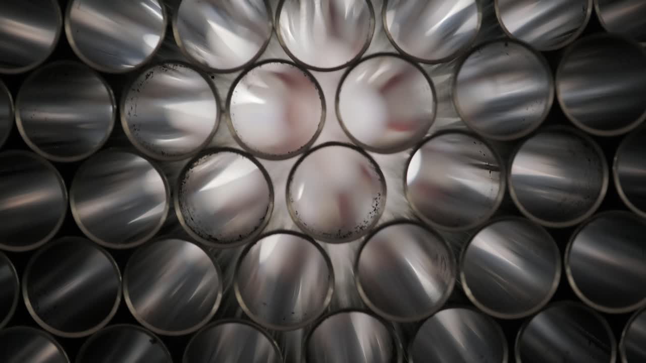 팔레트에 쌓인 강철 파이프의 추상적인 배경