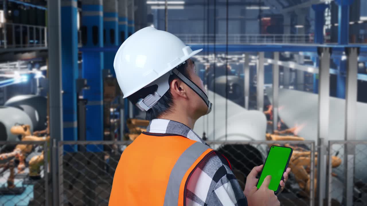 vista posterior cercana de un ingeniero masculino asiático con casco de seguridad de pie en una fábrica de fabricación de turbinas eólicas. zoom en la pantalla verde del teléfono inteligente y mirando a su alrededor mientras el brazo robótico trabaja