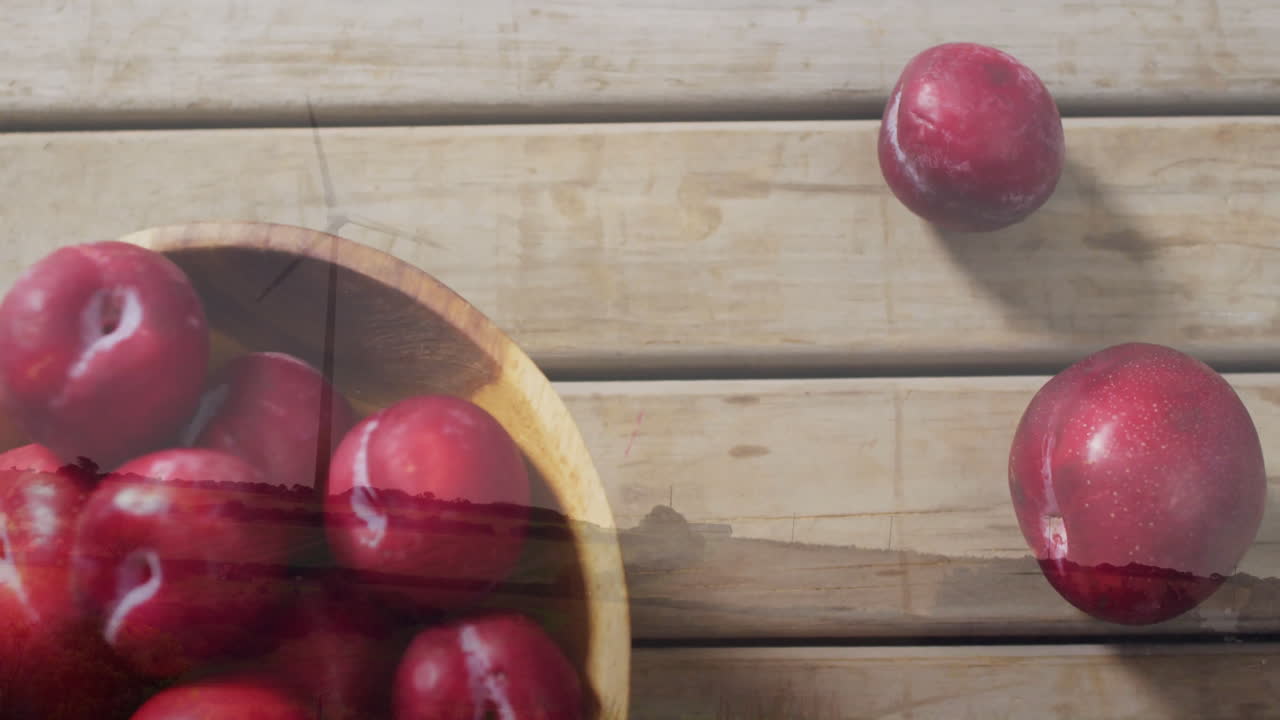 In school, child drawing animation of red plums in wooden bowl on table