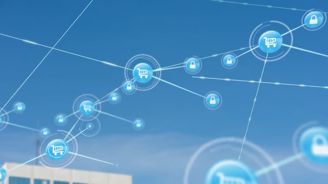 Animation of network of digital icons over aerial view of tall buildings against blue sky