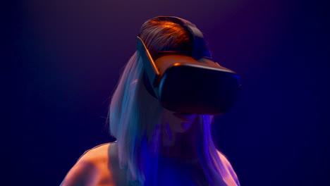 millennial girl taking on vr glasses closeup. woman preparing to 3d experience