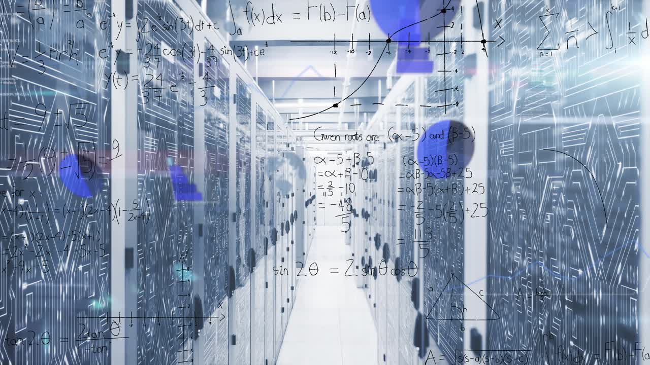 Animation of circuit board pattern, infographic interface and lens flare over server room