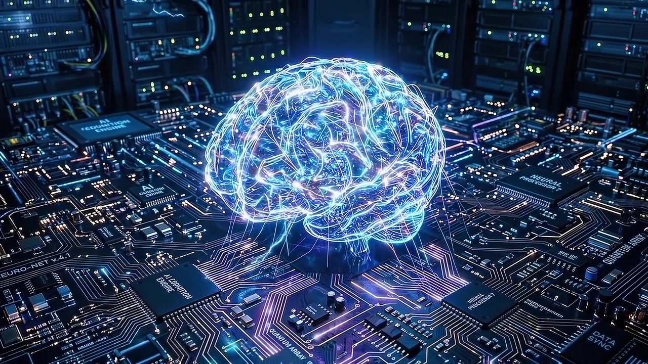 Glowing Digital Brain Hologram on Computer Circuit Board in Server Room