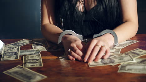 sexy lady in handcuffs trying to free herself. arrested woman.