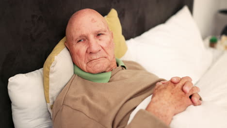 elderly, man and unhappy for thinking in bedroom