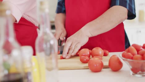 sección media de varios amigos mayores cortando verduras, preparando comida en la cocina, cámara lenta