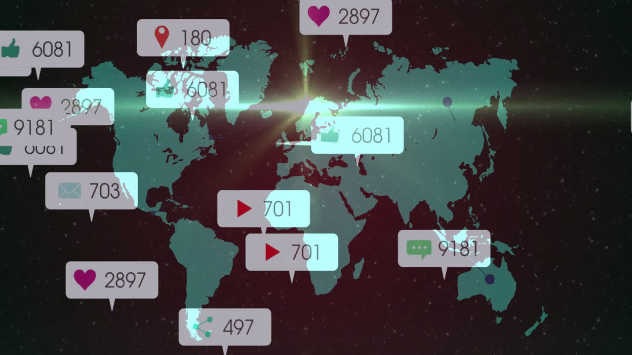 Animation of world map with social media icons and engagement numbers