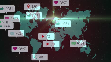 animation of world map with social media icons and engagement numbers