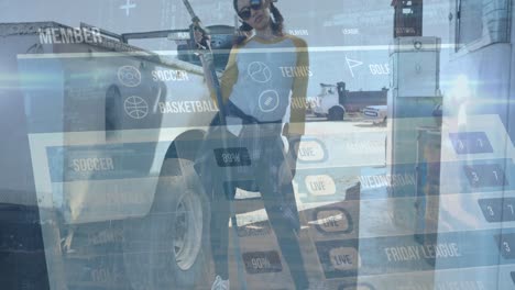 animación de textos y procesamiento de datos sobre una mujer biracial abasteciendo de combustible en una gasolinera.