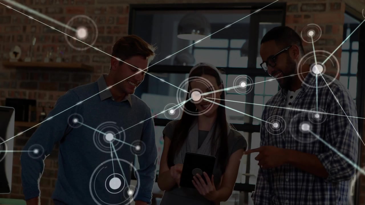 Diverse Business Team Collaborating with Digital Network Overlay in Modern Office