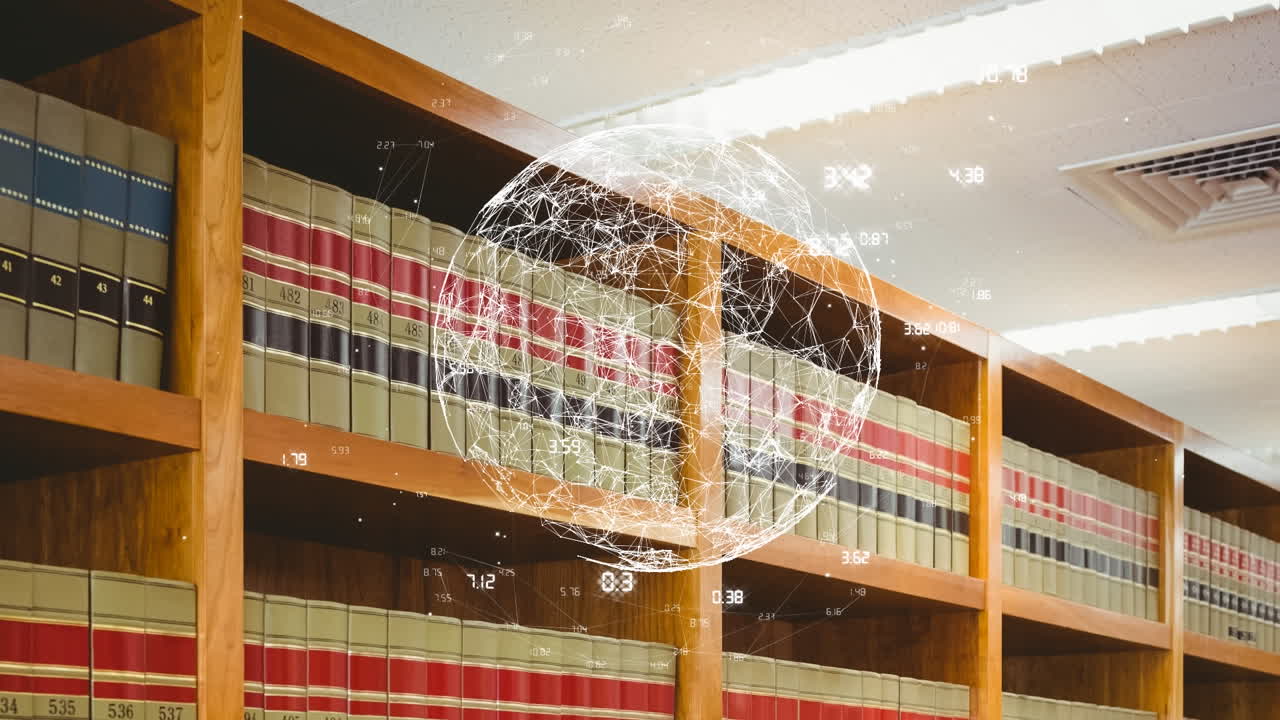 анимация глобуса с сетью соединений над полками с книгами в библиотеке