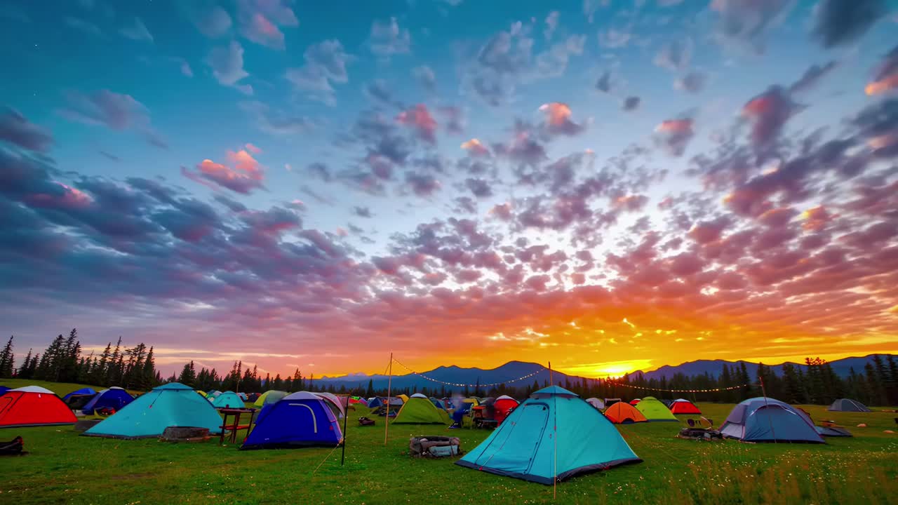 Wide-angle videooptagelse af farverige telte ved solnedgang, der fanger en levende campingscene, Live desktop