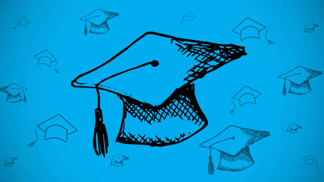 animation of graduation hats moving over blue background