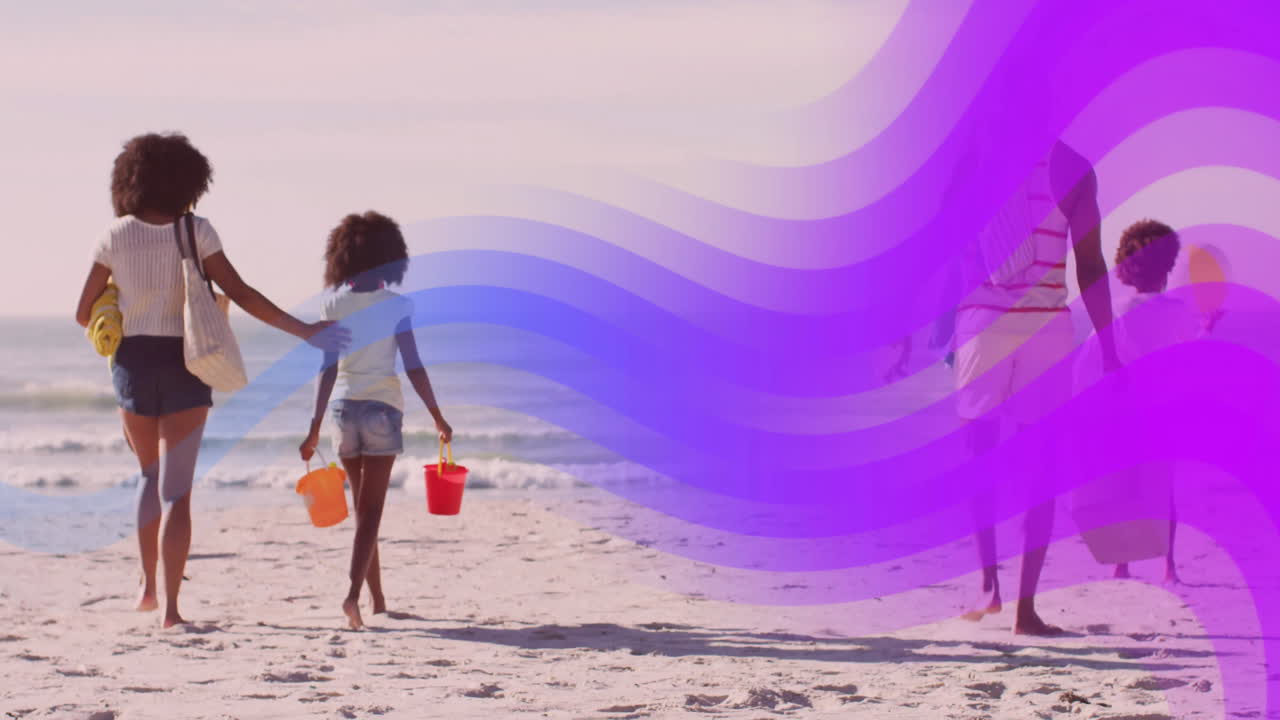 Walking on beach, family enjoying colorful wave animation overlay together