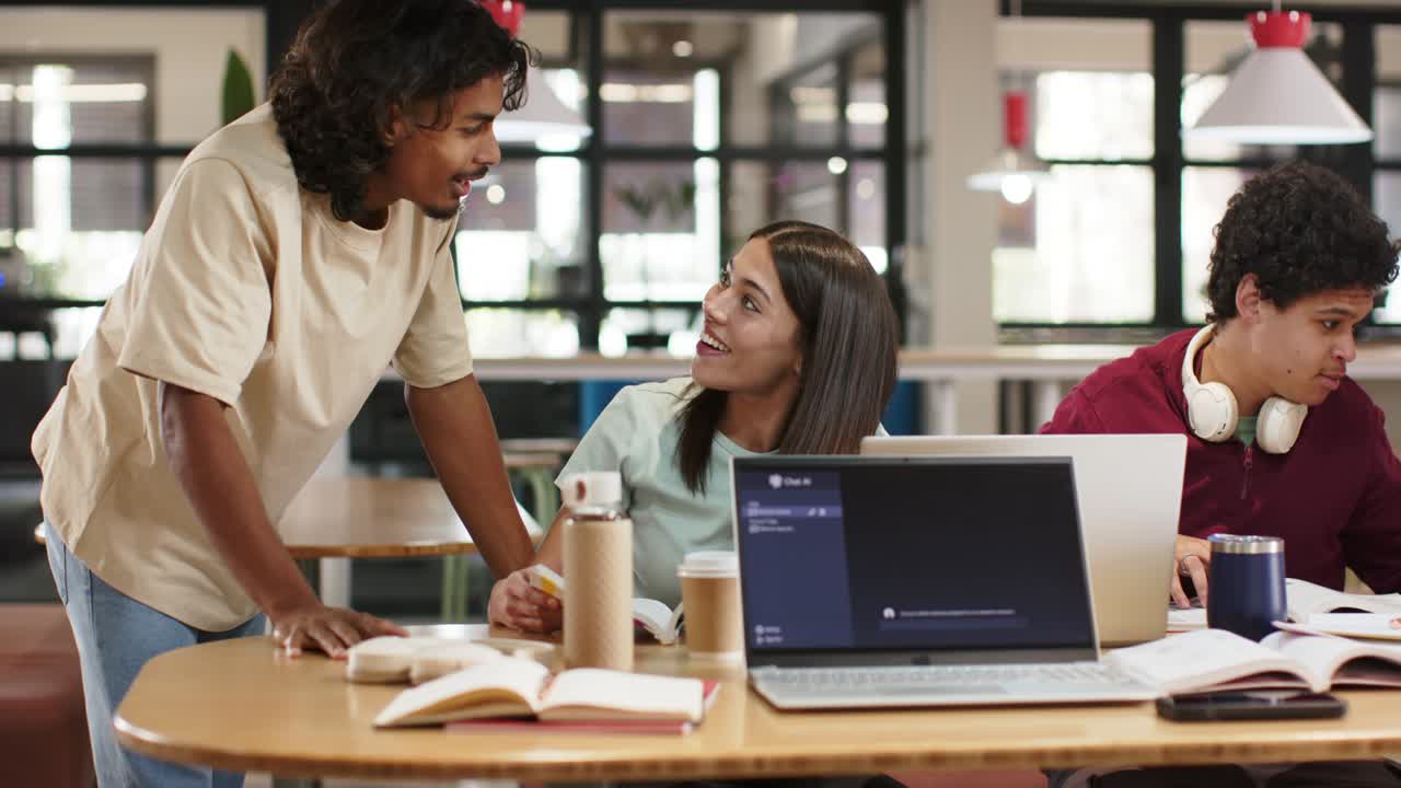 African American peers at commons standing male leaning, pointing at laptop, reviewing, high-fiving