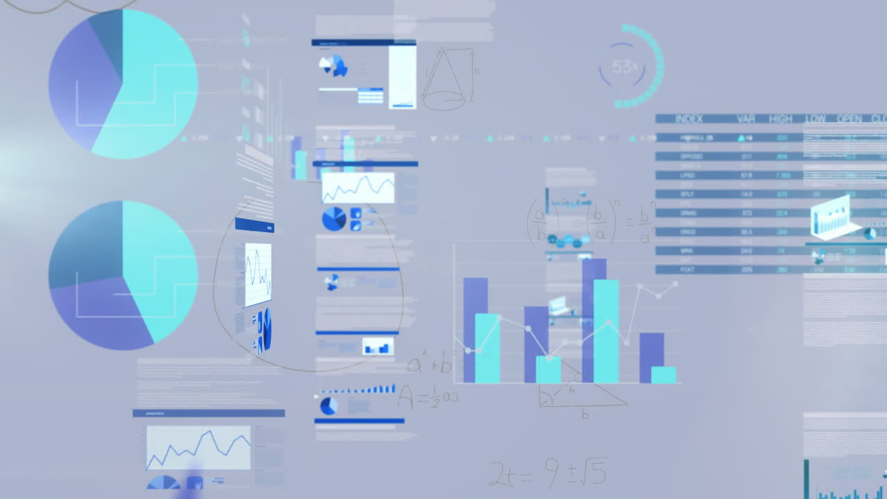 Animation of financial data processing over grey background