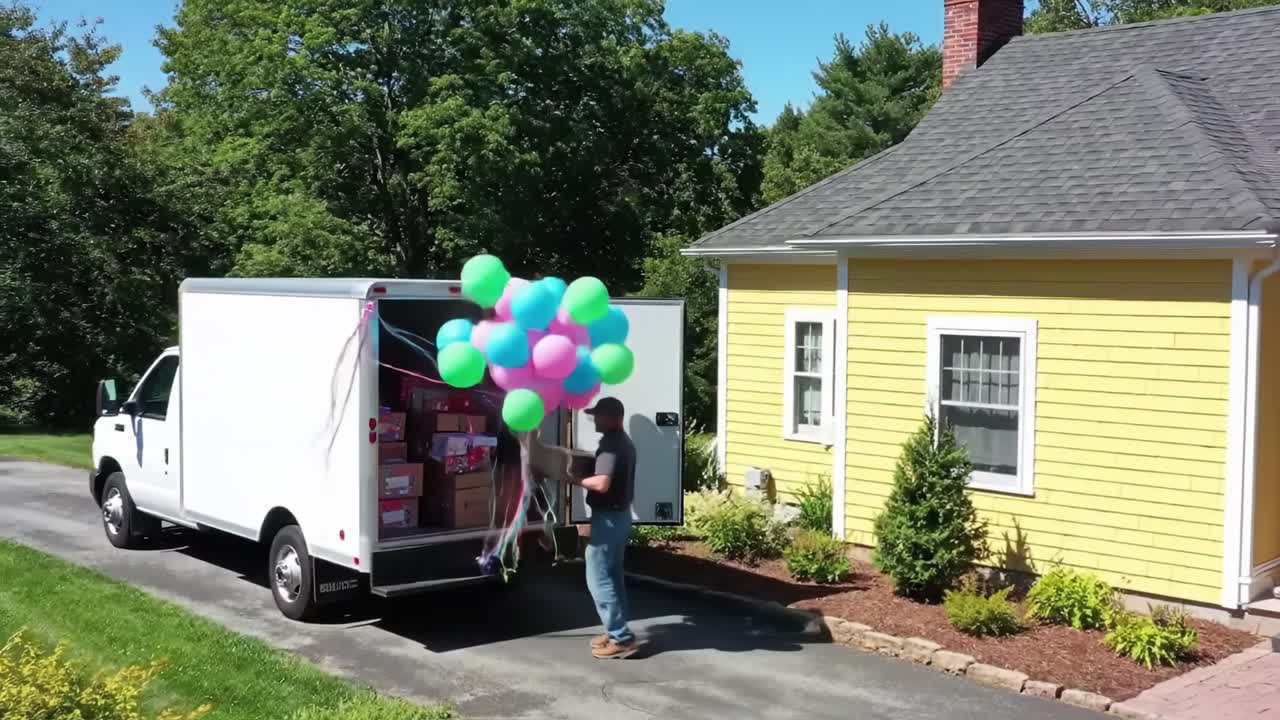 A man unloads packages from a delivery truck parked in front of a cheerful yellow house. Colorful balloons tied to the boxes add a festive touch to the scene in broad daylight.