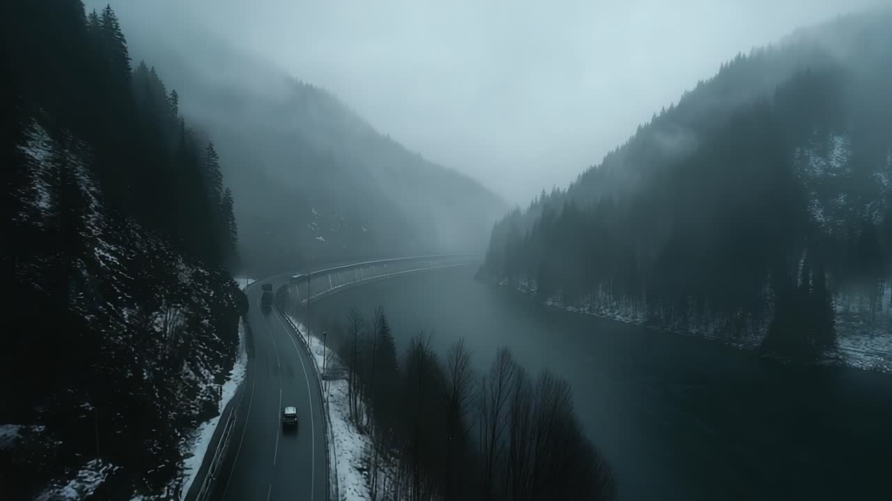 A Serene Drive Along a Misty River Road: Capturing the Beauty of Nature's Tranquility in Foggy Mountains and Whispering Waters