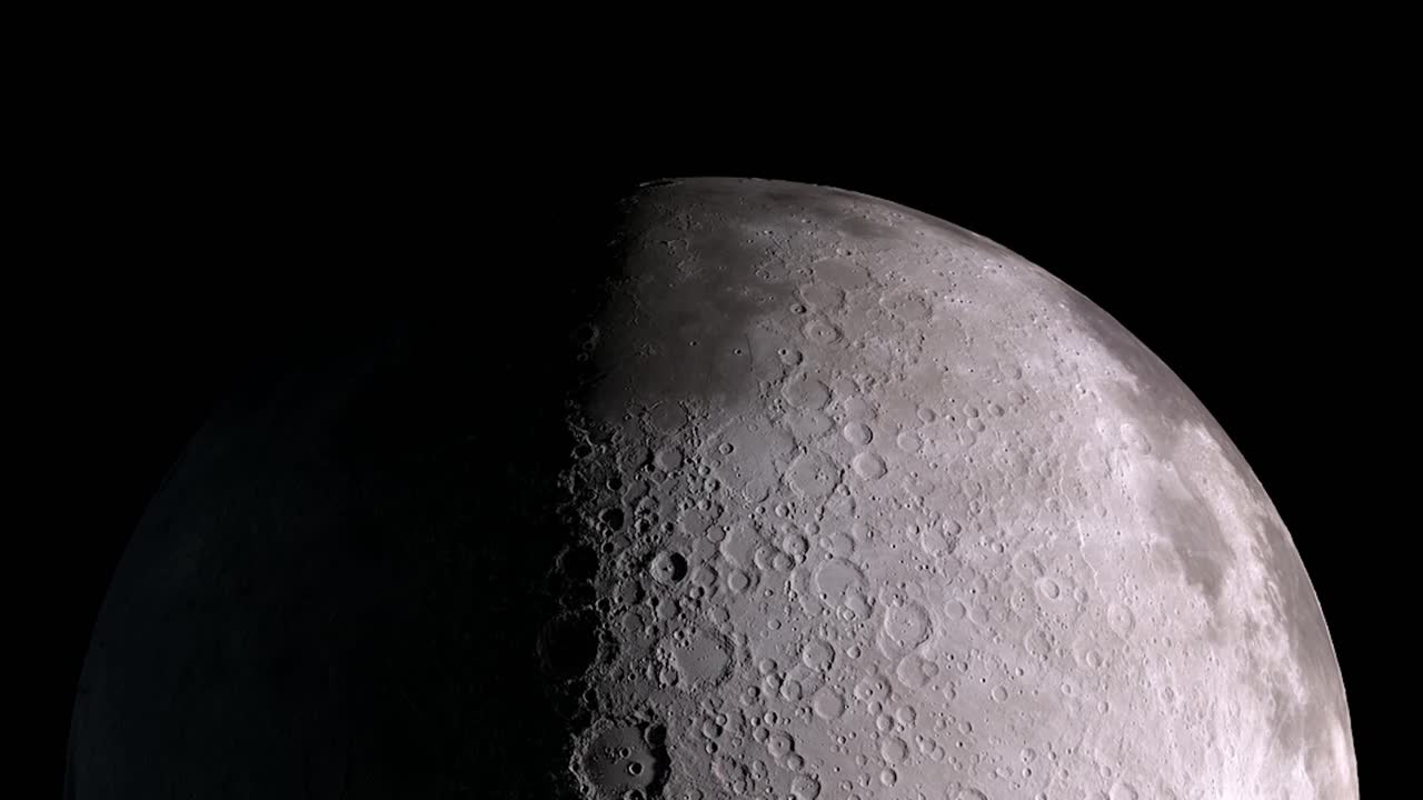 A 4K flyby of the lunar surface in rotation.