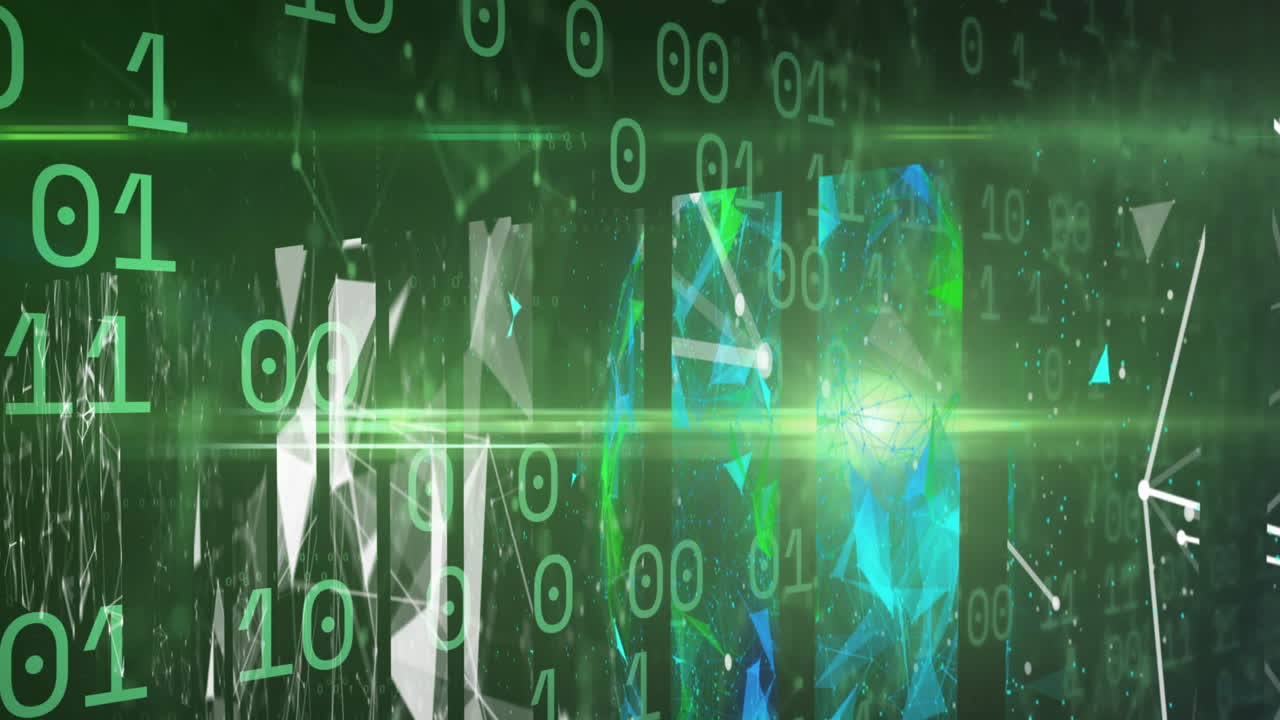Elaborazione dati di codifica binaria su schermi di reti a plexus contro uno sfondo verde