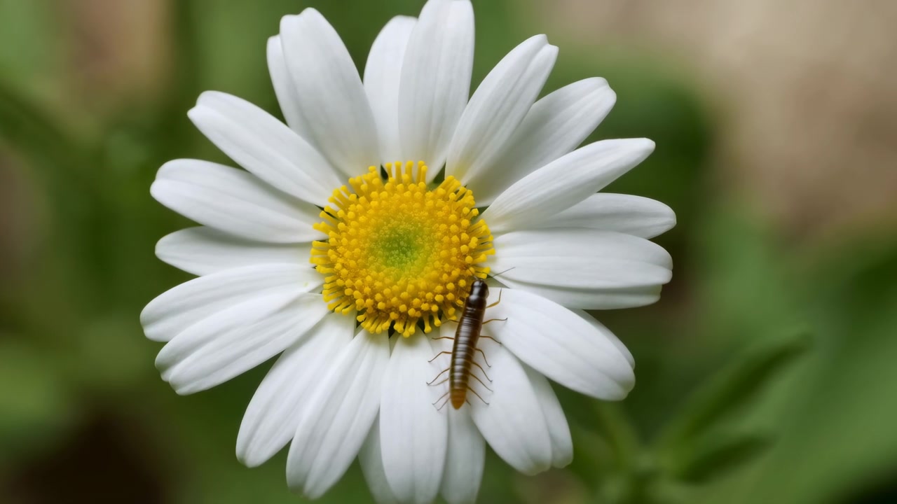 Millepiedi marrone striscia lungo i petali inferiori di una margherita bianca verso il denso centro giallo, molte zampe che toccano superfici setose in una luce soffusa e diffusa del giardino, con messa a fuoco ridotta e dettagli botanici naturali.