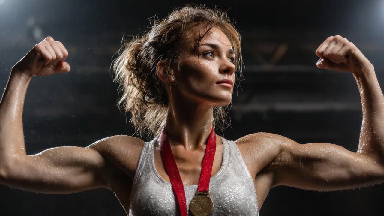 An Empowering Moment: Celebrating Strength and Achievement in a Dramatic Presentation of an Athlete's Posture, Showcasing Dedication and Resilience in Sports