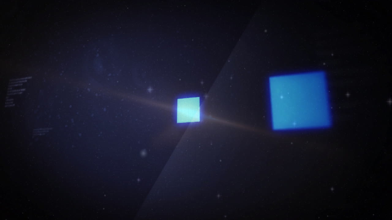 Animation of blue squares floating in dark space with scattered white specks